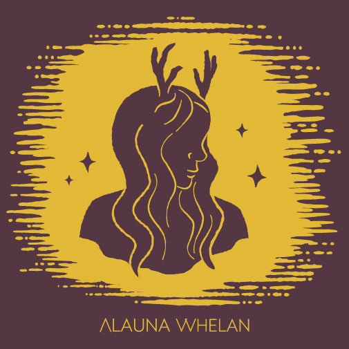 gold and purple graphic of goddess with deer antlers