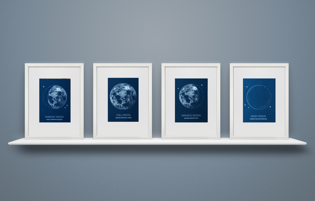 set of four blue lunar phase prints