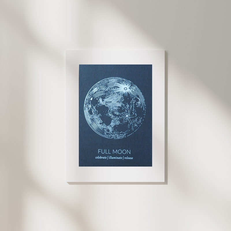 blue full moon lunar print in white frame