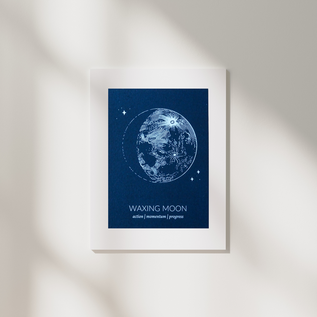 blue waxing moon lunar phase print in white frame