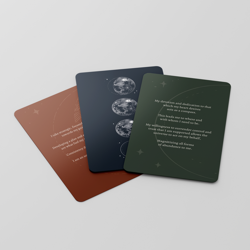 three moon mantra oracle cards on grey background