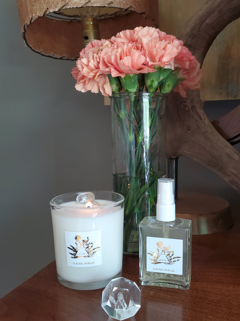 air sign luxury soy candle and ritual room spray with fresh pink carnations and clear crystal