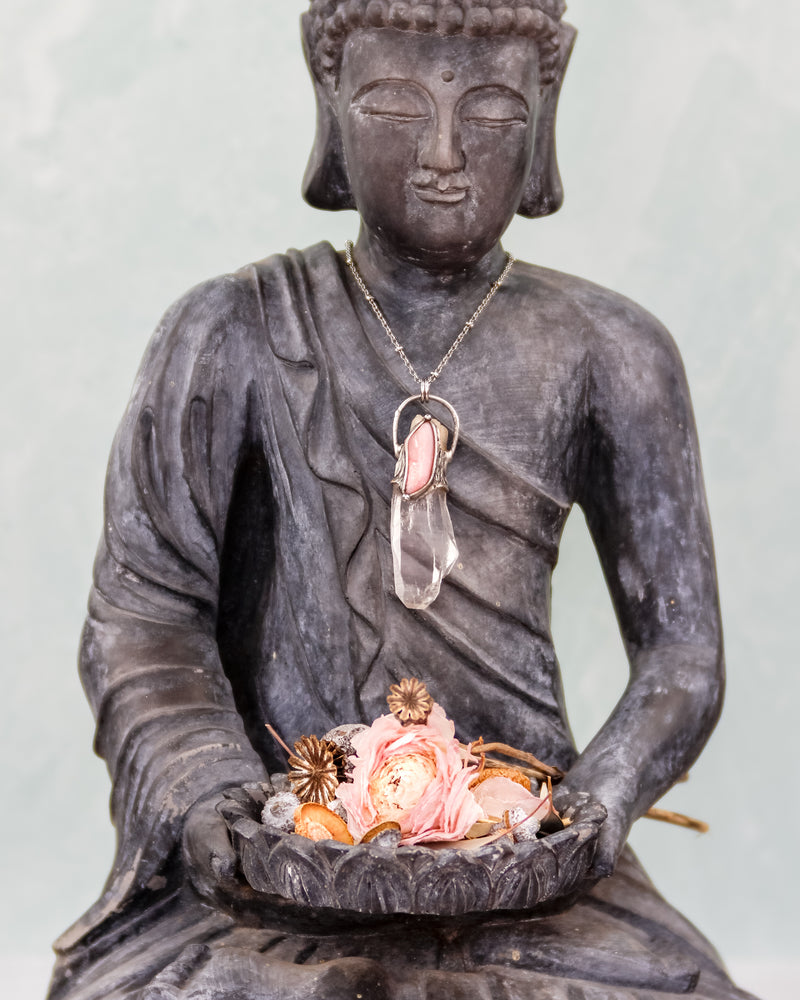 kuan yin crystal talisman pendant on buddha by laura farrell