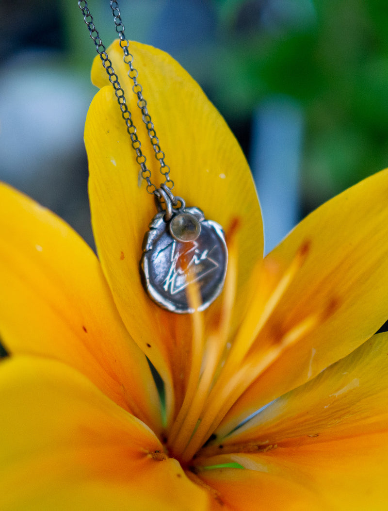 orange lily with silver fire sign talisman necklace