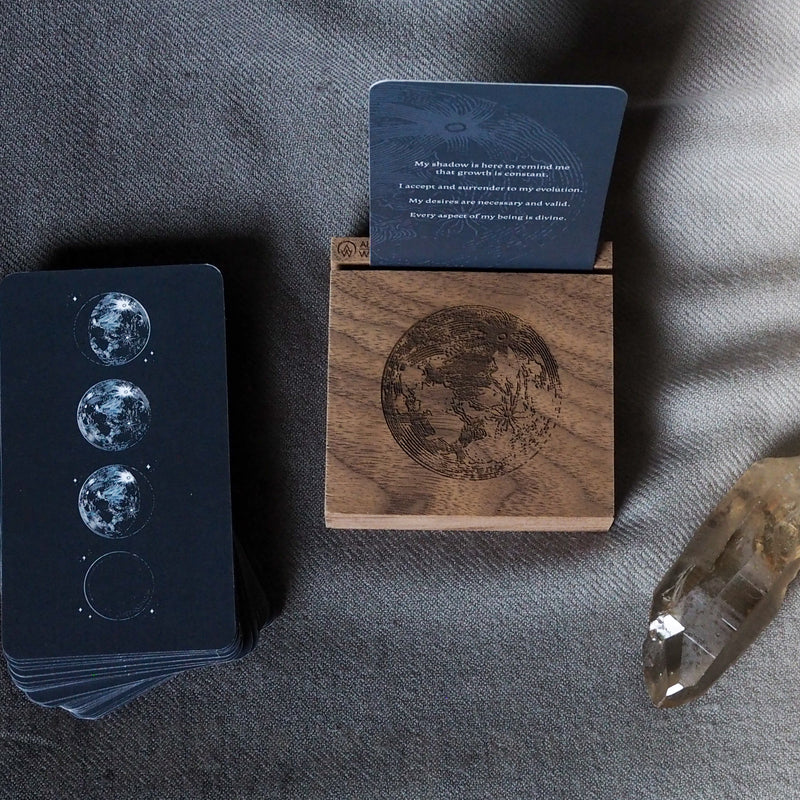 wooden oracle card holder with full moon engraving