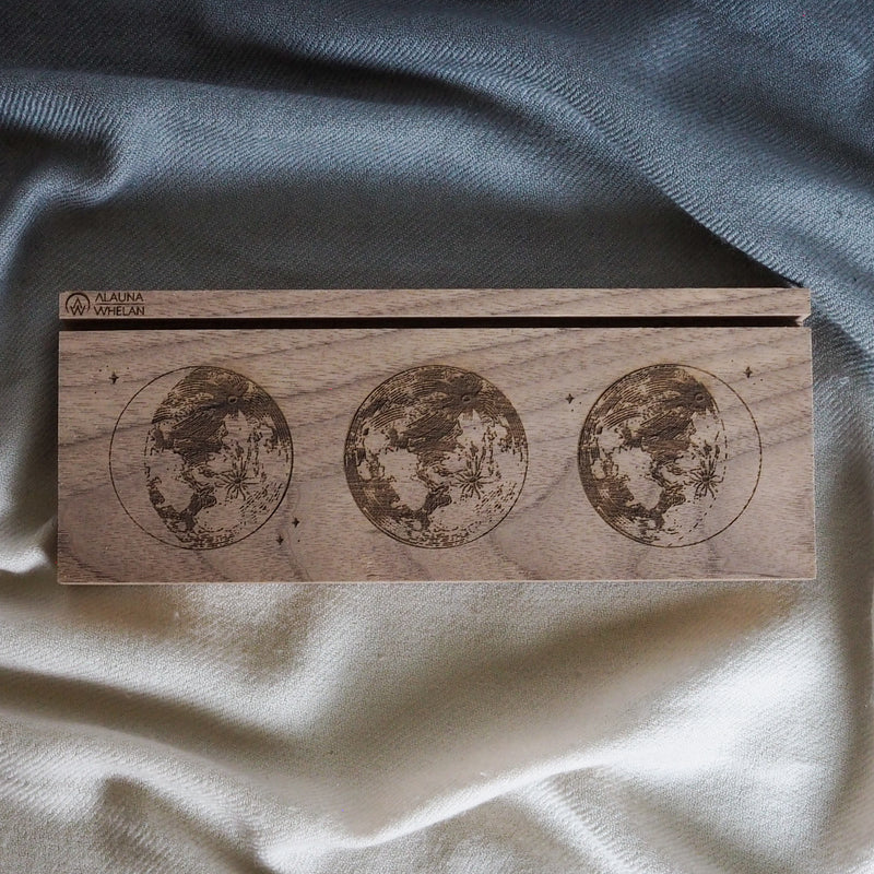 wooden tarot stand with three moon phases