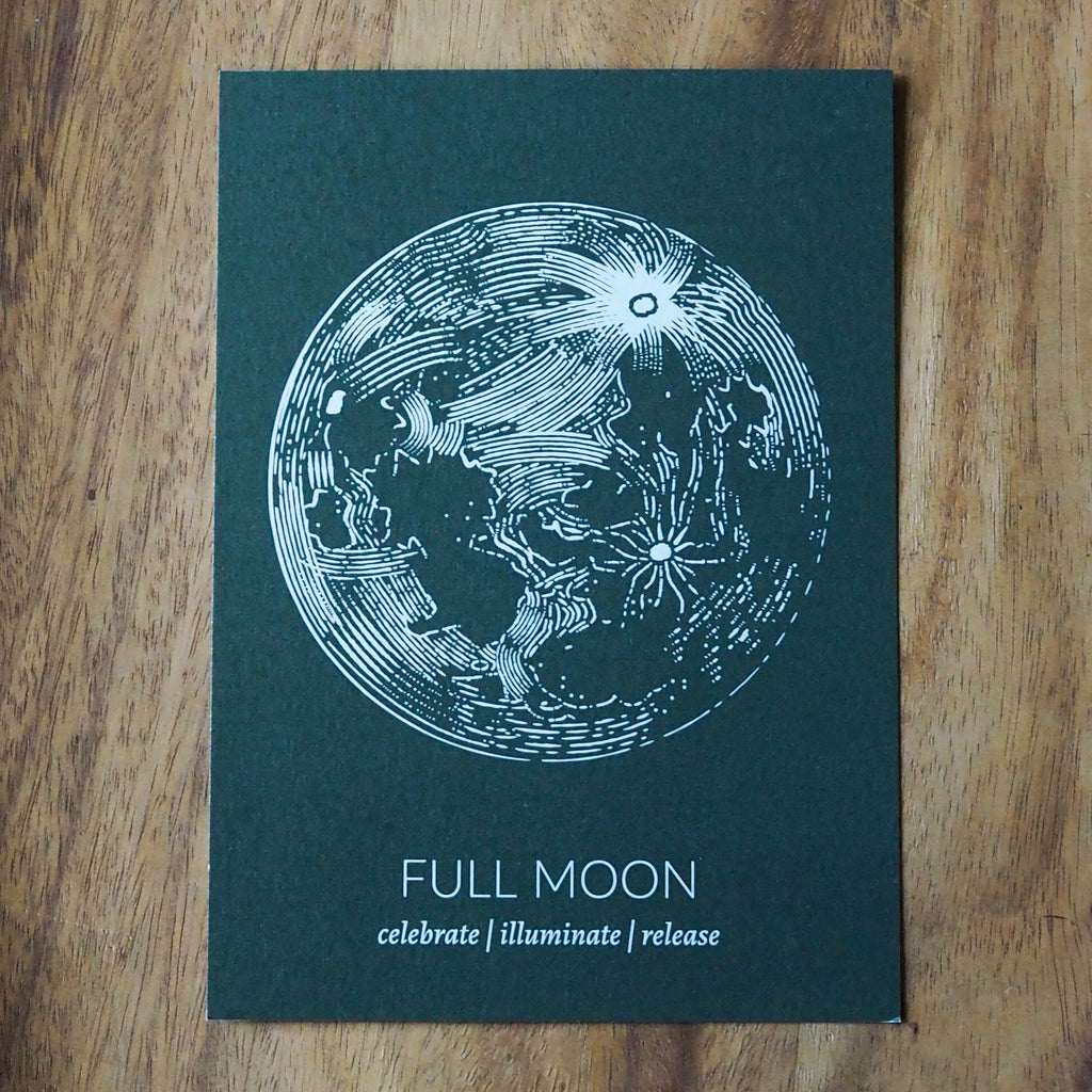green full moon lunar print on wooden background