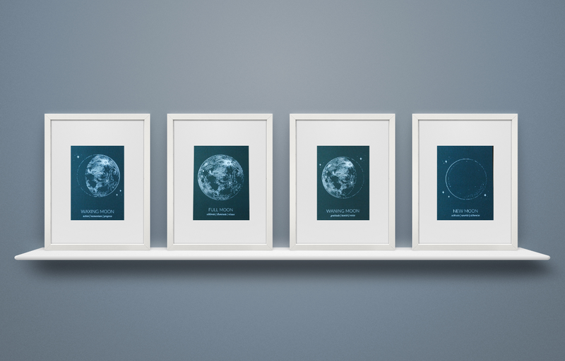 set of four green lunar phase prints