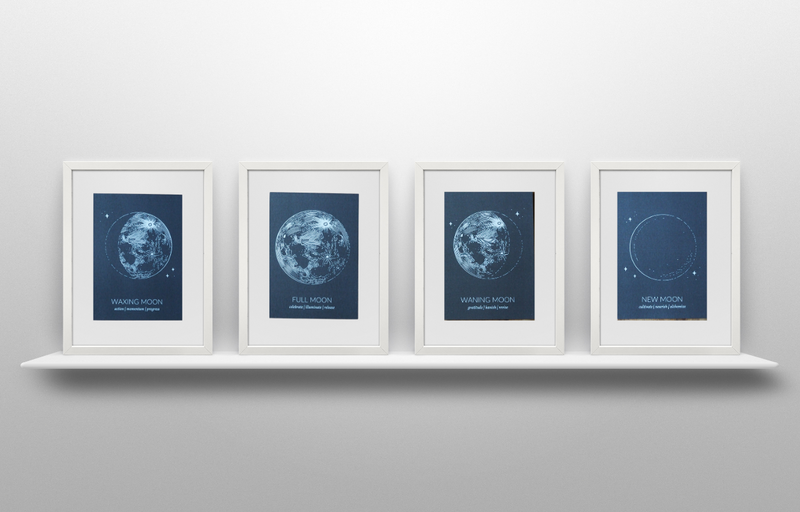 set of four grey lunar phase prints
