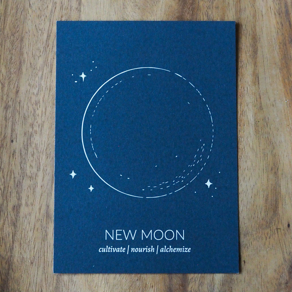 blue new moon print flatlay on wooden background
