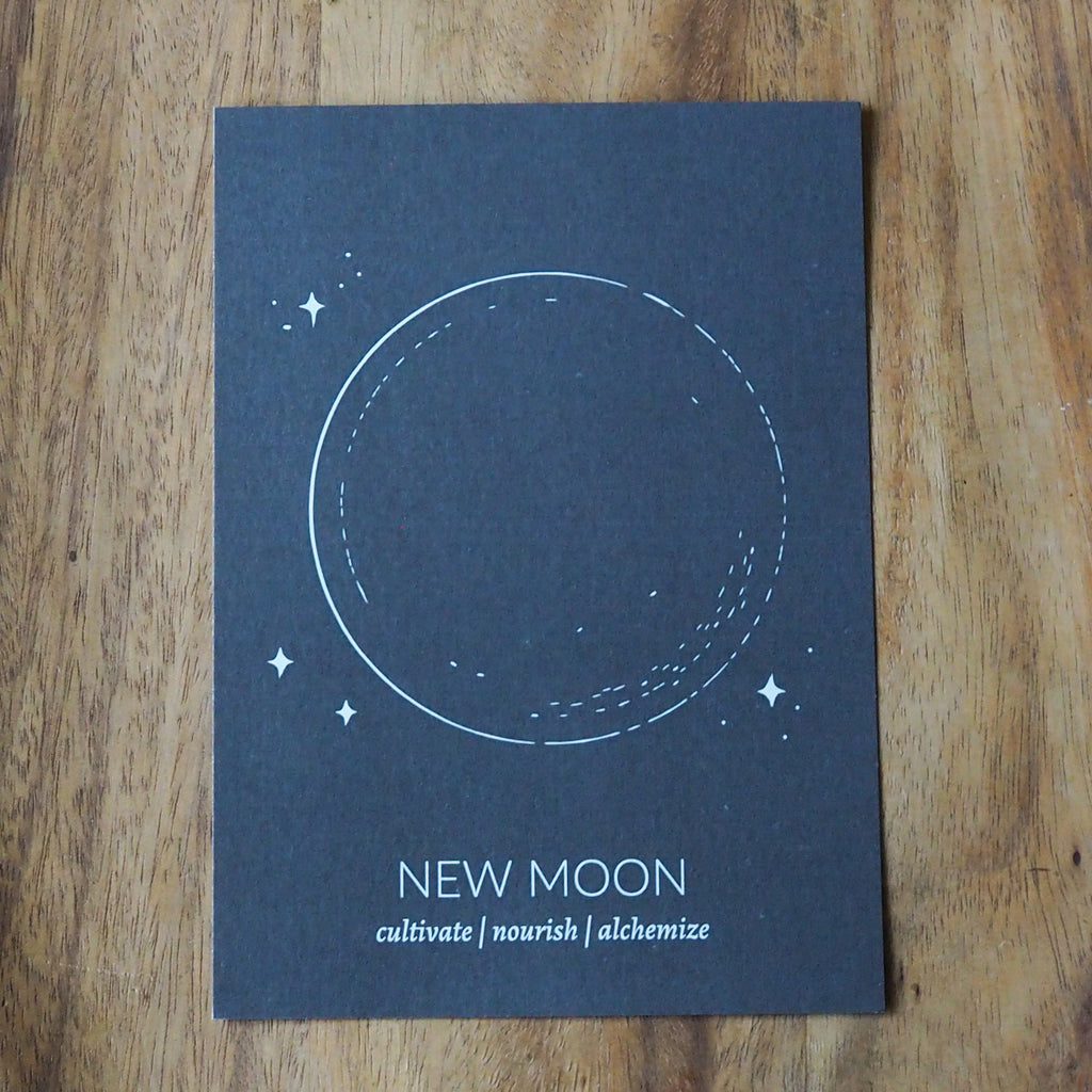 grey new moon lunar print flatlay on wooden background