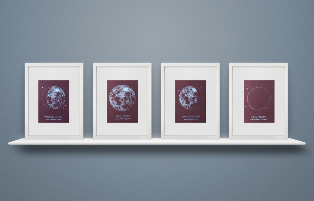 set of four rust lunar phase prints