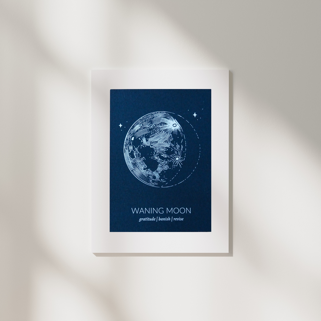 blue waning moon lunar phase print in white frame
