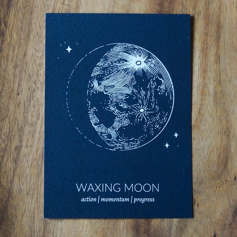 blue waxing moon lunar phase print on wooden background