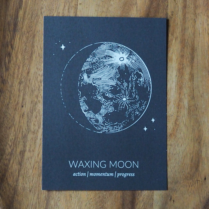 grey waxing moon lunar phase print on wooden background
