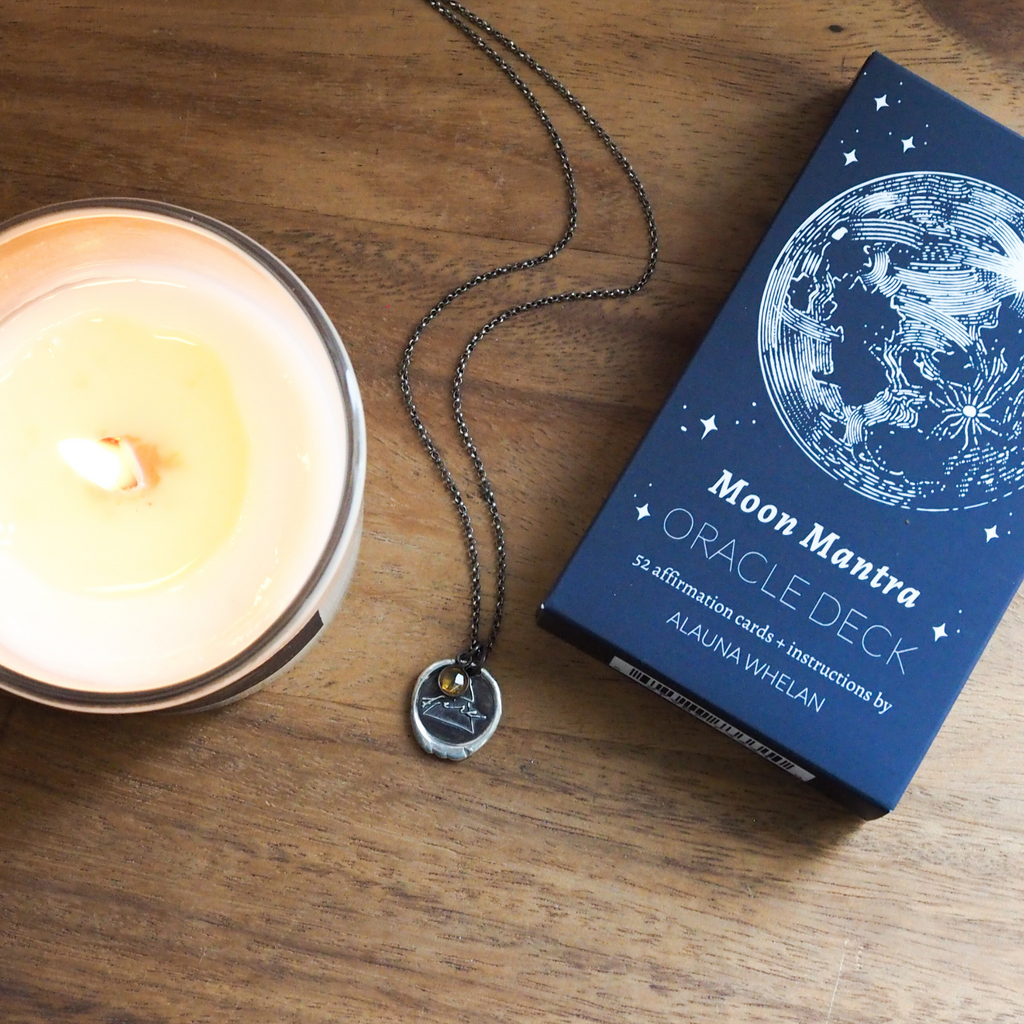 Moon Mantra Oracle Deck, Soy Lunar Candle & Element Necklace