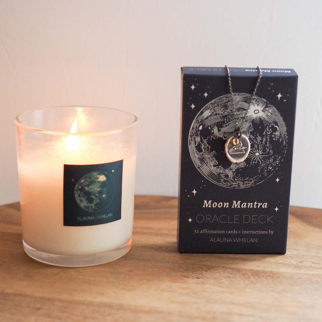 Moon Mantra Oracle Deck, Soy Lunar Candle & Element Necklace