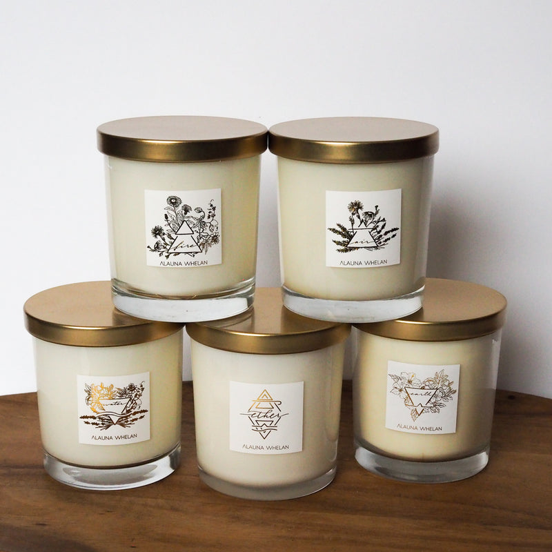 set of five luxury soy crystal infused element intention candles