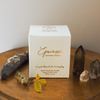 boxed autumn spice luxury soy crystal candle on gold tray with crystals and fall foliage