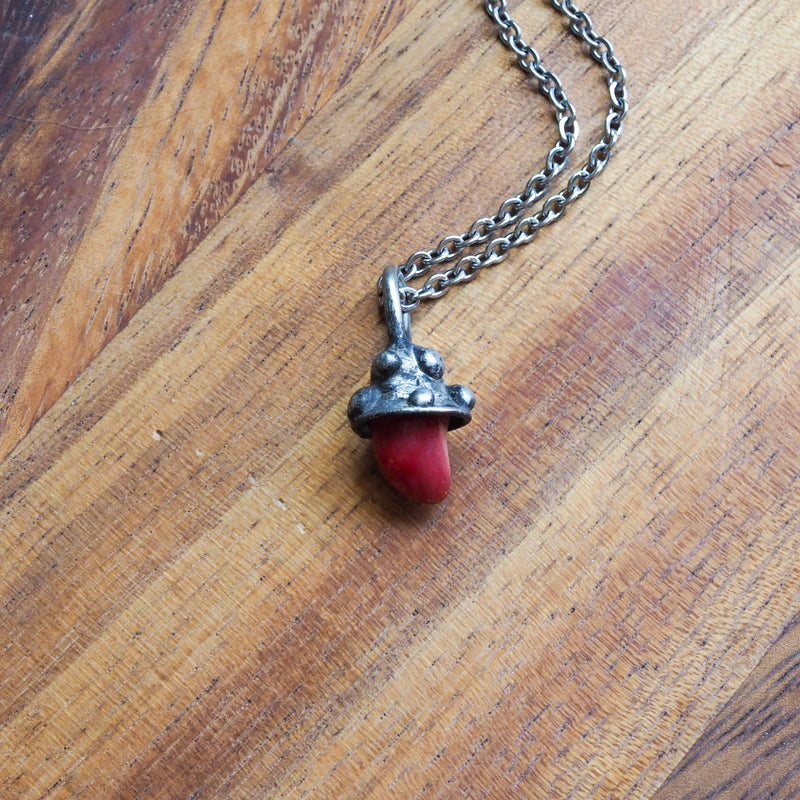 red mushroom healing crystal talisman necklace on wooden background