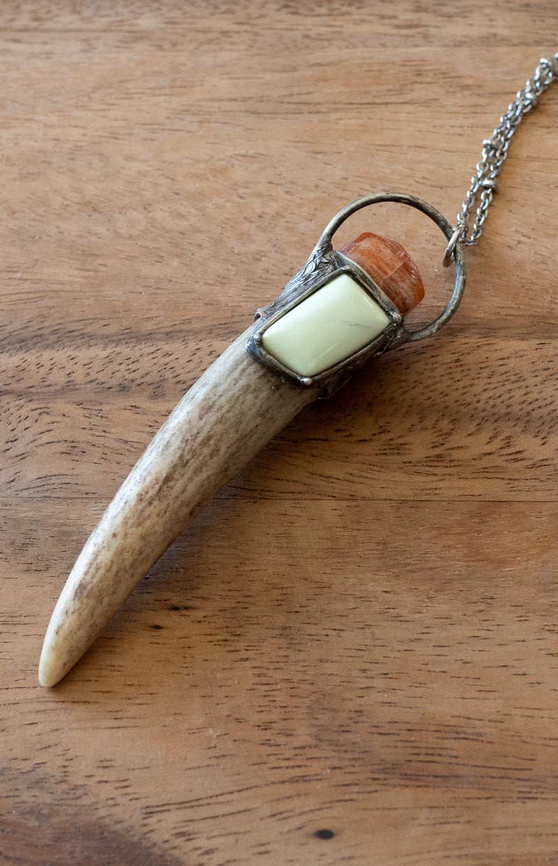 light yellow crystal and antler gemstone talisman necklace